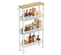VASAGLE Carrello Cucina Salvaspazio, Carrello con Ruote Portatutto a 4 Ripiani, Scaffale Stretto in Acciaio e Legno, Organizer Bagno, 45,4 x 13 x 77 cm, Rovere Dorato e Bianco Opaco, LRC032W09