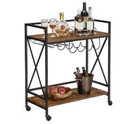 VASAGLE Carrello da bar, carrello da portata, mensola da cucina mobile con portabicchieri in vetro e portabottiglie di vino, industriale, marrone rustico e nero ULRC088B01