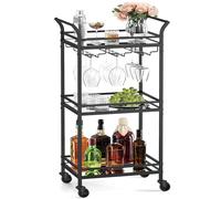 VASAGLE Carrello da bar nero, carrello da bar per casa, piccolo carrello da bar con ripiano a specchio a 3 livelli, porta vino, supporto per bicchieri, mini carrello da bar per piccoli spazi, cucina,