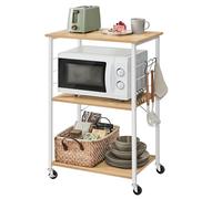 VASAGLE Carrello da Cucina con Rotelle, Carrello di Servizio con 3 Ripiani, Scaffale per Microonde, Struttura Metallica con 6 Ganci, 40 x 60 x 89 cm, Rovere Dorato e Bianco Nuvola KKS060Y09