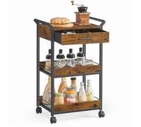 VASAGLE Carrello portaoggetti a 3 livelli con piano d'appoggio, manici, 4 ruote bloccabili, cassetto superiore, ripiani in rete, per cucina, bagno, camera da letto, marrone rustico e nero inchiostro