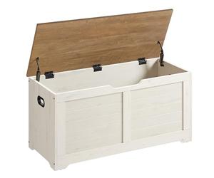 VASAGLE Cassapanca, Panca Portaoggetti, Pouf Organizzatore con 2 Cerniere di Sicurezza, Scarpiera, 40 x 100 x 46 cm, Corridoio, Camera da Letto, Soggiorno, Bianco Vintage e Marrone Miele LSB061WJ01