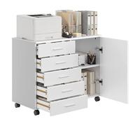 VASAGLE Cassettiera da Ufficio a 5 Cassetti, 2 Ripiani con Anta, Mobile con Ruote per Documenti, Mobiletto Porta Stampante, Guide per Cassetti senza Viti, Studio, Bianco Nuvola OFC092WB02