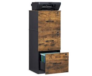 VASAGLE Cassettiera da Ufficio, Mobile per Documenti, Supporto Stampante, 3 Cassetti con Serratura, Barre Sospese Regolabili, per A4 e Lettera, Marrone Vintage e Nero OFC055B01