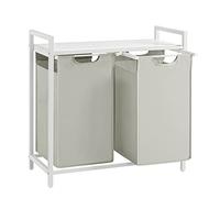 VASAGLE Cesto Portabiancheria, Porta Biancheria, 2 Sacchi in Tessuto Rimovibili, Piano d’Appoggio, Metallo, 2 x 46 L, 73 x 33 x 72 cm, Bianco Crema e Bianco Opaco BLH201W01