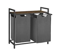 VASAGLE Cesto Portabiancheria, Porta Biancheria, 2 Sacchi in Tessuto Rimovibili, Piano d’Appoggio, Metallo, 2 x 46 L, 73 x 33 x 72 cm, Grigio Ardesia e Marrone Vintage BLH201G01