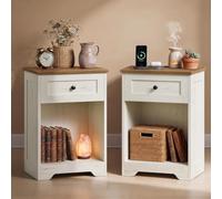 VASAGLE Comodini Camera da Letto, Set di 2, Con Prese e Cassetto | Tavolino Salotto, 40 x 30 x 59 cm, Vano Aperto, Bianco Vintage e Marrone Miele, Collezione Siren, LET828WJ01