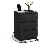 VASAGLE Comodino con Stazione di Ricarica, Tavolino Laterale con 3 Cassetti, 2 Prese AC, 2 Porte USB, per Soggiorno, Camera da Letto, Studio, Moderno, Nero Ebano