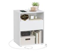 VASAGLE Montaggio Rapido Senza Utensili Toolless, Comodino, Tavolino con Stazione di Ricarica, Design Moderno Minimalista, Cassetto, per Camera da Letto e Soggiorno, Bianco Opaco LET777W04