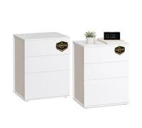 VASAGLE Comodino, Snapsemble Montaggio Rapido, Tavolino da Letto con 3 Cassetti, Set di 2,Moderno, per Camera da Letto e Soggiorno, Bianco Opaco e Beige Cappuccino LET779W01