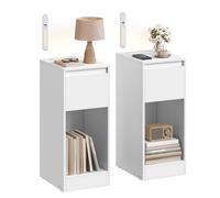 VASAGLE Comodino sottile con stazione di ricarica e luce LED, set di 2 tavolini laterali stretti, porte USB, cassetto e scomparto aperto, per camera da letto, soggiorno, bianco nuvola LET710W01