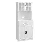 VASAGLE Credenza Alta Cucina, Dispensa Mobile da Cucina con Ante in Vetro e Ripiani Regolabili, Cassetto, Foro per Cavi, per Microonde, Stile Moderno, Bianco LSC361W21