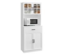 VASAGLE Credenza Alta Cucina, Dispensa Mobile da Cucina con Ante in Vetro e Ripiani Regolabili, Cassetto, Foro per Cavi, per Microonde, Stile Moderno, Bianco LSC361W21