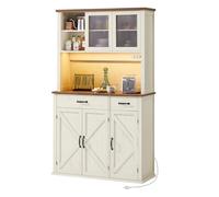 VASAGLE Credenza Cucina con Luce e Multipresa, Mobile Dispensa Cucina con Ante e Cassetto, 39,5 x 106,5 x 180,6 cm, con Ripiani Regolabili, Stile Farmhouse, Bianco Vintage e Marrone Miele BBK391W02