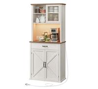 VASAGLE Credenza Cucina con Luce e Multipresa, Mobile Dispensa Cucina con Ante e Cassetto, 39,5 x 80,4 x 180,6 cm, con Ripiani Regolabili, Stile Farmhouse, Bianco Vintage e Marrone Miele BBK363W22