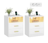 VASAGLE CUSTOS Collezione - Set di 2 Comodini con Stazione di Ricarica, Luce LED, Tavolini Moderni con Cassetti, Ripiano Aperto, 2 Prese AC e Porte USB, Bianco Nuvola LET829WB01