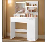 VASAGLE KAILYN Collezione - Toeletta, Tavolo da Trucco con Specchio Grande a LED, Ciabatta, Scomparto con 2 Ripiani Regolabili, 1 Cassetto, 2 Mensole, Postazione Trucco Moderna, Bianco RDT138W01