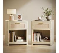 VASAGLE ELLAN Collezione - Comodini Boho con Cassetto Effetto Rattan, Set di 2, Tavolini con Scomparto Aperto, Angoli Arrotondati, Camera da Letto, Beige Naturale LET818LC01