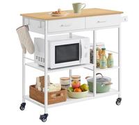 VASAGLE Isola da Cucina Mobile con Ruote, Carrello da Cucina, 45 x 98,7 x 90 cm, Portasciugamani, 2 Cassetti, 2 Ganci, per Sala da Pranzo, Rovere Beige e Bianco Opaco KKI010Y01