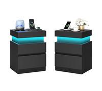 VASAGLE KAILYN Collezione - Comodini con Multipresa, Set di 2, Tavolini con Piano Scorrevole, 2 Cassetti, Striscia LED, Stile Moderno, 35 x 40 x 55 cm, Nero Inchiostro LET840BC01