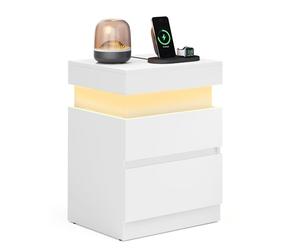 VASAGLE KAILYN Collezione - Comodino con Multipresa Integrata, Piano Scorrevole, 2 Cassetti, Striscia LED, Tavolino Compatto, Stile Moderno, 35 x 40 x 55 cm, Bianco Neve LET640WB01
