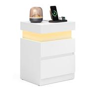 VASAGLE KAILYN Collezione - Comodino con Multipresa, Tavolino con Piano Scorrevole, 2 Cassetti, Striscia LED, Stile Moderno, 35 x 40 x 55 cm, Bianco Neve LET640WB01