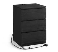VASAGLE Comodino con Stazione di Ricarica, Tavolino con 3 Cassetti, 2 Prese CA, 2 Porte USB, Frontali dei Cassetti Smussati, per Soggiorno, Camera da Letto, Studio, Nero Ebano LET631B56