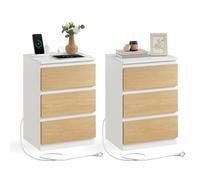 VASAGLE KAILYN Collezione - Comodino con Stazione di Ricarica, Set di 2, con 3 Cassetti, 2 Prese AC 2 Porte USB, per Soggiorno, Camera da Letto, Studio, Bianco Nuvola e Giallo Mandorla LET831Y01