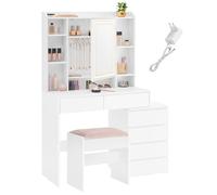 VASAGLE KAILYN Collezione - Toeletta con Luci LED, 3 Tonalità di Luce, Tavolo da Trucco con Specchio, Cassetti, Scomparti Aperti, Sgabello, Ripiani Regolabili, Moderno, Bianco Nuvola RDT125W01