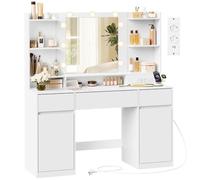 VASAGLE KAILYN Collezione - Toeletta con Specchio LED, Multipresa, 2 Armadietti, 9 Lampadine Dimmerabili, Illuminazione a 3 Colori, Montaggio Binari Senza Attrezzi, Bianco Nuvola RDT142WB02