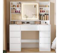 VASAGLE KAILYN Collezione - Toeletta con Specchio LED, Multipresa, 9 Cassetti, Specchio 10x, Portagioielli, Illuminazione a 3 Colori, Montaggio Binari Senza Attrezzi, Bianco Nuvola RDT137W01