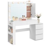VASAGLE KAILYN Collezione - Toeletta da Trucco con Luce LED e Sgabello, Postazione Trucco con Specchio, Portagioielli, Stazione di Ricarica, 40 x 125 x 140 cm, con Cassetti, Bianco Nuvola RDT127WB01