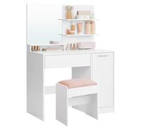 VASAGLE KAILYN Collezione - Toeletta, Tavolo da Trucco con Specchio Grande e Sgabello, Scomparto con 2 Ripiani Regolabili, 1 Cassetto, 2 Mensole, Postazione Trucco Moderna, Bianco RDT719W01