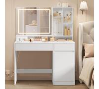 VASAGLE KAILYN Collezione - Toeletta Trucco, Postazione Trucco con LED, Stazione di Ricarica, Cassetti, Ripiani Regolabili e Portagioie, Largo 110 cm, per Camera da Letto, Bianco Nuvola RDT634W01