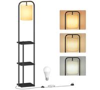 VASAGLE Lampada da Terra con 3 Ripiani, Piantana con Mensola, Lampadina LED Inclusa, Interruttore a Pedale, Paralume in Tessuto, Soggiorno Camera da Letto, Nero Inchiostro LFL001BD02