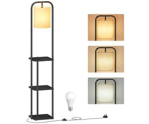 VASAGLE Lampada da Terra con 3 Ripiani, Piantana con Mensola, Lampadina LED Inclusa, Interruttore a Pedale, Paralume in Tessuto, Soggiorno Camera da Letto, Nero Inchiostro LFL001BD02