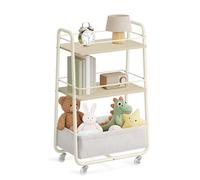 VASAGLE LILEA Collezione - Carrello Portaoggetti con Cesto in Tessuto, Carrello a 3 Ripiani con Ruote, Carrellino per Soggiorno Camera da Letto Cucina, Beige Naturale e Bianco Crema LRC001LL02