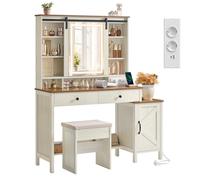 VASAGLE LIRY Collezione - Toeletta con Specchio e Luci, Postazione Trucco con Sgabello Stile Farmhouse, Prese di Corrente, 2 Cassetti, Portagioie, Bianco Vintage e Marrone Miele RDT136W01