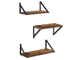 VASAGLE LWS442B01 - Set di 3 mensole sospese da parete, per bigiotteria, portafoto, bottiglie di spezie, articoli da toeletta, in soggiorno, camera da letto, cucina, bagno, rustico, marrone e nero