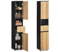 VASAGLE Mobile da Bagno, Mobiletto Portaoggetti, Alto, con Cassetto, Ripiani Regolabili, Scomparti, 30 x 30 x 170,2 cm, Nero Inchiostro e Marrone Naturale BBK560BC01