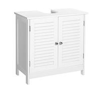 VASAGLE Mobile Sottolavabo a Doppia Anta, 60 x 30 x 60 cm, Armadio da Bagno Autoportante con 2 Ante a Persiana, Ripiano Regolabile, Manici, Stile Scandinavo, Bianco Opaco BBC05WT