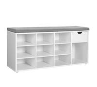 VASAGLE Panca Scarpiera, Panca Contenitore con Cassetto e Scomparti Aperti, Scaffale Portascarpe, Seduta Imbottita, Ingresso Camera da Letto, 30 x 104 x 48 cm, Bianco e Grigio LHS24WT