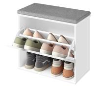 VASAGLE Panchina Scarpiera a 3 Ripiani per 6 Paia di Scarpe, Panca da Ingresso, Cassetto a Ribalta con Divisorio Regolabile, 30 x 60 x 53,5 cm, per Camera, Bianco Nuvola e Grigio Tortora LSB121WB01
