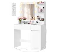 VASAGLE Postazione Trucco con Luci, Specchio e Prese | Scrivania Make Up con Cassetti, Mobile Camera da Letto, 80 x 80 x 144,3 cm, Bianco, Collezione KAILYN RDT242WB01