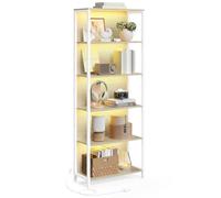 VASAGLE Scaffale a 6 Ripiani con Luce LED, Struttura in Acciaio | Libreria con Luci Dimmerabili, Portaoggetti, 60 x 30,3 x 178 cm, per Soggiorno, Beige Naturale e Bianco Opaco, LLS120LL01
