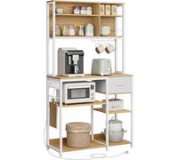 VASAGLE Scaffale Cucina con Multipresa, Mobile Cucina, 40 x 100 x 180,4 cm, Scaffale per Microonde, Ripiani Regolabili, Cassetto in Tessuto, 12 Ganci, Rovere Dorato e Bianco Nuvola KKS027Y02