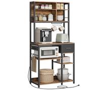 VASAGLE Scaffale Cucina con Multipresa, Mobile Cucina, 40 x 80 x 180,4 cm, Scaffale per Microonde, Ripiani Regolabili, Cassetto in Tessuto, 12 Ganci, Marrone Vintage e Nero Inchiostro KKS015K03