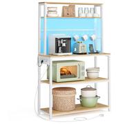VASAGLE Scaffale da Cucina con LED, Scaffale per Microonde con Multipresa, Ripiani Regolabili, 8 Ganci, 40 x 80 x 168,4 cm, Rovere Dorato e Bianco Opaco KKS050YA01