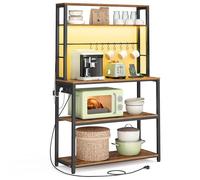 VASAGLE Scaffale da Cucina con LED, Scaffale per Microonde con Multipresa, Ripiani Regolabili, 8 Ganci, 40 x 80 x 168,4 cm, Marrone Vintage e Nero Opaco KKS050KD01