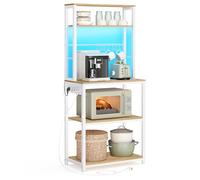 VASAGLE Scaffale da Cucina con LED, Scaffale per Microonde con Multipresa, Ripiani Regolabili, 8 Ganci, 40 x 60 x 168,4 cm, Rovere Dorato e Bianco Opaco KKS049YA01